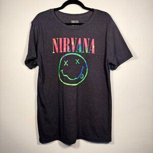 Nirvana Nevermind Psychedelic Colored Smiley Graphic Short Sleeve Band Tee I 2X